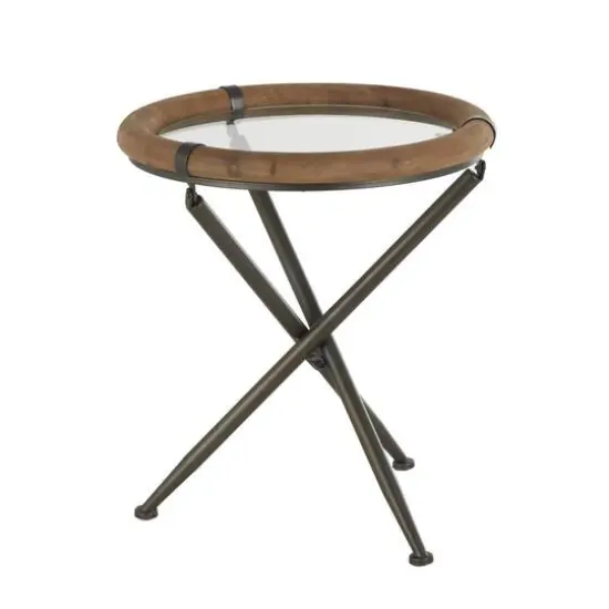 22.25" Brass Metal Round Accent Table with Wooden Framed Glass Tabletop {4}