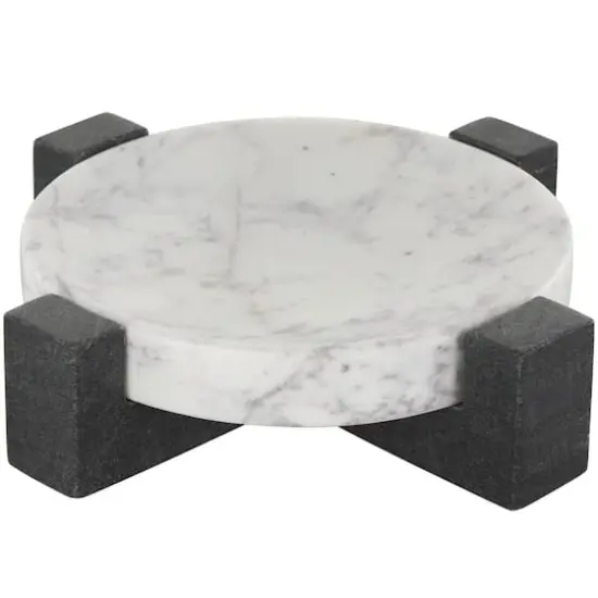 8.25" White Marble Round Tray with Black X-Shaped Base {1}
