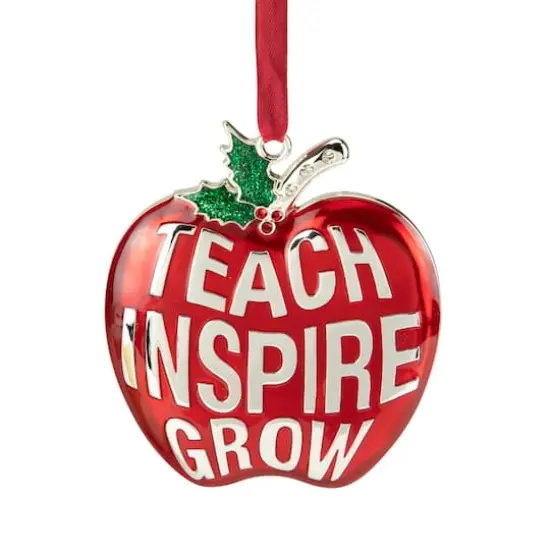 3.25" Red and Silver Plated Apple Teacher Christmas Ornament with European Crystals {1}