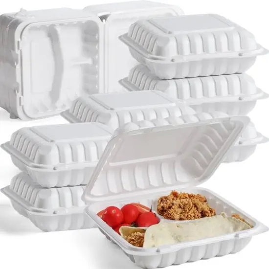 9" White 3-Compartment Clamshell Take Out Containers, 150ct. {1}