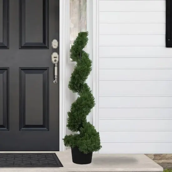 4ft. Unlit Artificial Cedar Spiral Topiary Tree in Black Pot {3}