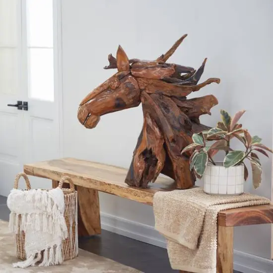 Brown Teak Wood Natural Horse Sculpture 33" x 31" x 13" {9}