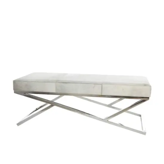 Light Gray Leather Geometric Bench with Angled Silver Metal Base {3}