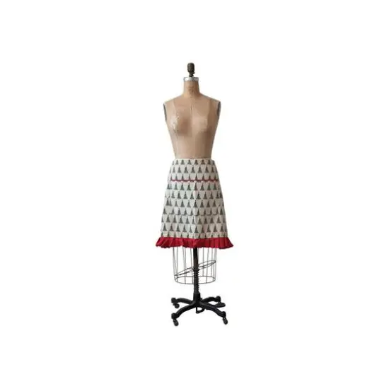 Hello Honey&reg; Natural, Green & Red Cotton Printed Half Apron with Christmas Tree Pattern, Pocket & Ruffle {1}
