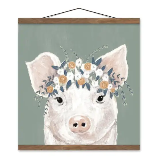 Pig With Flowers 16" x 16" Teak Hanging Canvas {1}