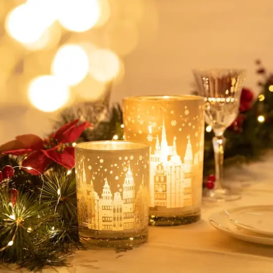Glitzhome&reg; Christmas Building Glass Candle Holder Set {3}
