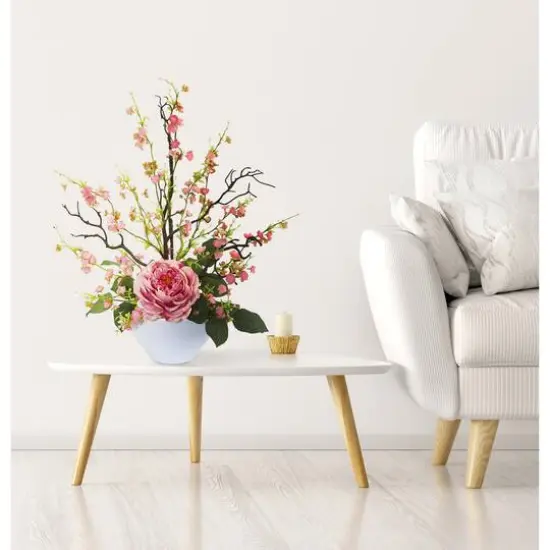 23" Rose & Cherry Blossom Arrangement in White Planter Pink {3}