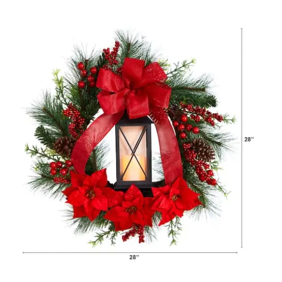 28" Poinsettia & Berry Holiday Lantern Christmas Wreath with LED Candle {3}
