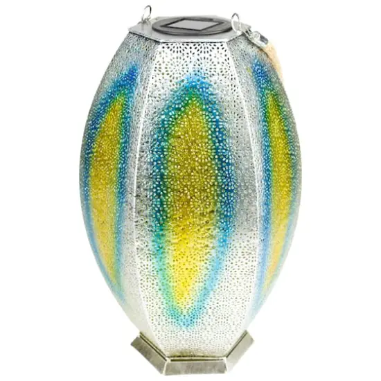 15.5" Silver Floral Outdoor Hanging Solar Lantern with Jute Handle {5}