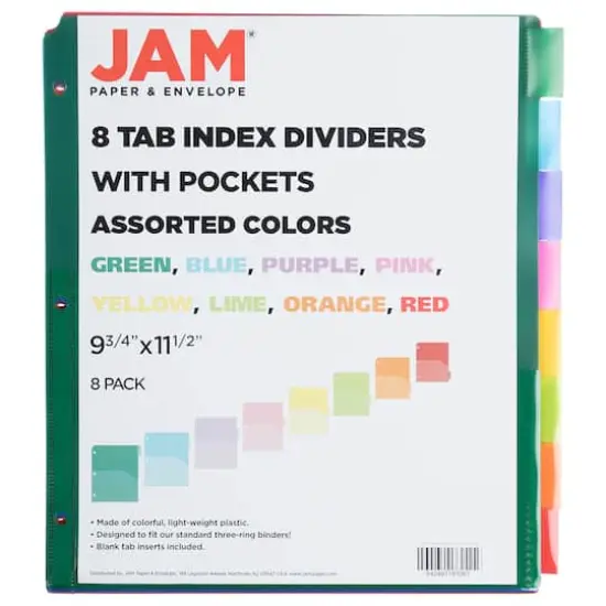 JAM Paper 9.75" x 11.5" 8-Tab Plastic Index Tab Dividers with Double Pockets  {4}