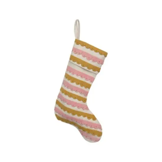 Hello Honey® 19" Pink, Cream & Mustard Wool Felt Stocking with Appliqued Scallops & Beads {1}