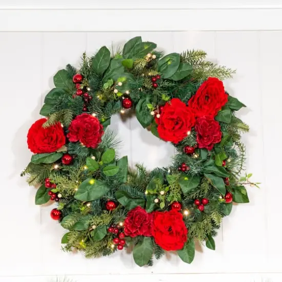 Village Lighting 30" LED Red Peonies & Berry Wreath {11}