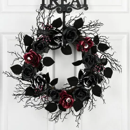22" Black Halloween Rose Wreath {5}