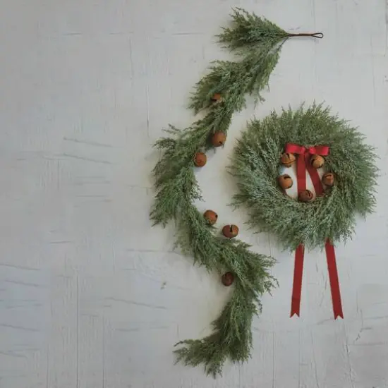 Hello Honey&reg; 24" Round Mixed Pine Wreath with Red Ribbon & Rust Finish Metal Bells {3}