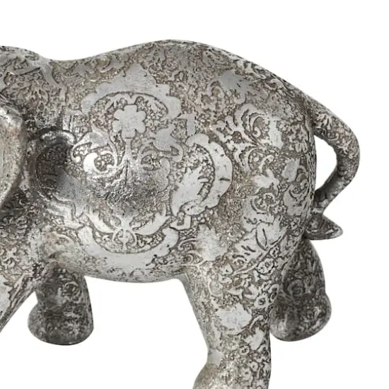 7" Silver Elephant Engraved Floral Sculpture {6}