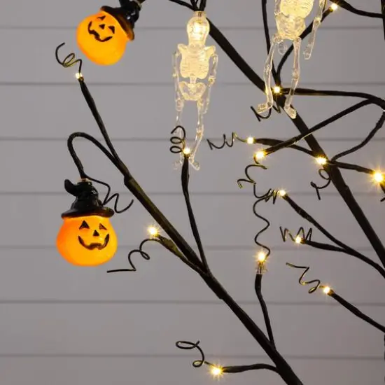 4ft. Pre-Lit Artificial Halloween Pumpkins and Skulls Ornament Tree with 64 Warm White LED Lights {8}