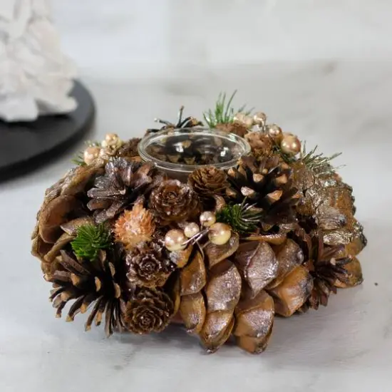 7.25" Autumn Artificial Foliage Pine Cone Votive Candle Holder {5}