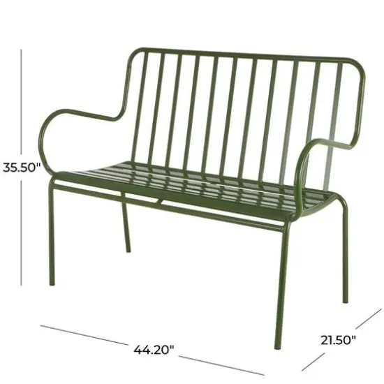 44.25" Green Metal Slatted Outdoor Bench with Curved Armrests {8}