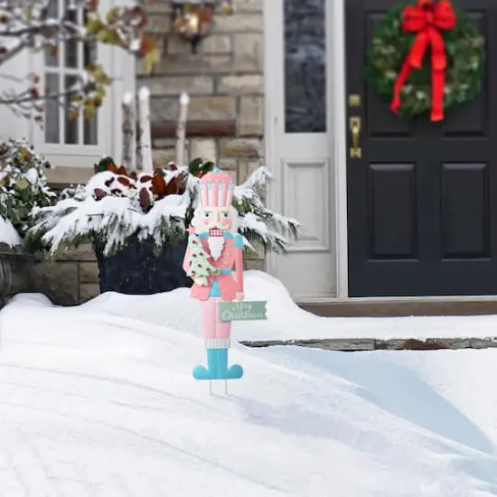 Glitzhome&reg; 36" Metal Christmas Pink Nutcracker Yard Stake {4}