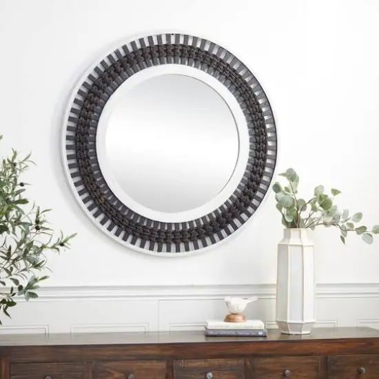 36" Brown Wood Contemporary Round Wall Mirror {9}