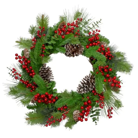 24" Christmas Artificial Holly Berry & Snowy Pinecone Wreath {1}