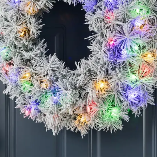 Glitzhome&reg; 24"D Pre-Lit Snow Flocked Greenery Pine Christmas Wreath, Multicolor LED Lights and Timer {5}