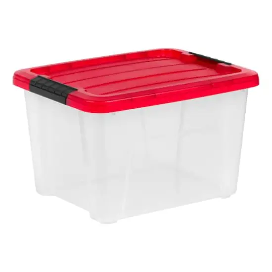 IRIS&reg; 20.5qt. Clear Holiday Storage Boxes with Red Buckle Lids, 4ct. {9}