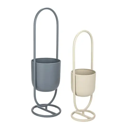 Hello Honey&reg; Matte Gray & Sand Metal Floor Planter Set Hanging on Stands {1}