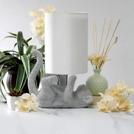 Lalia Home 12.6" Silver Diamond Studded Cat Table Lamp with Faux Silk Shade {5}