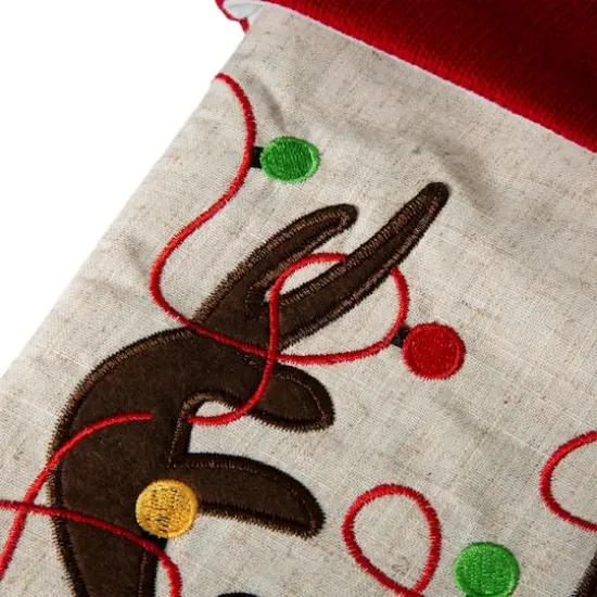 Glitzhome&reg; 21" LED Embroidered Reindeer Linen Christmas Stocking {6}