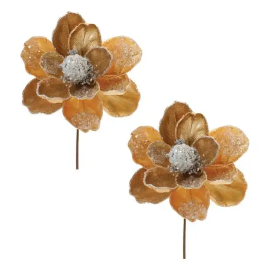 28" Beaded Velvet Magnolia Flower Stems, 2ct. Gold {1}