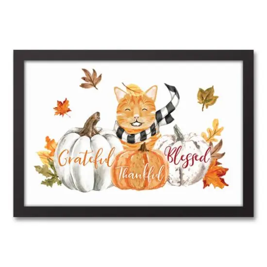 Kitty With Pumpkins Canvas Wall Art with Black Frame {1}
