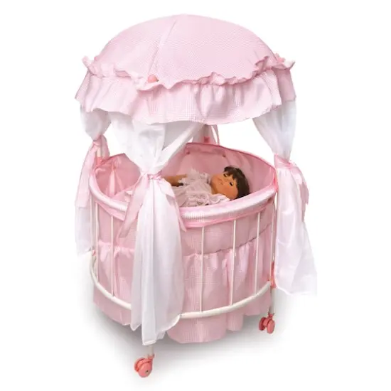 Badger Basket Pink & White Royal Pavilion Round Doll Crib with Canopy & Bedding {5}