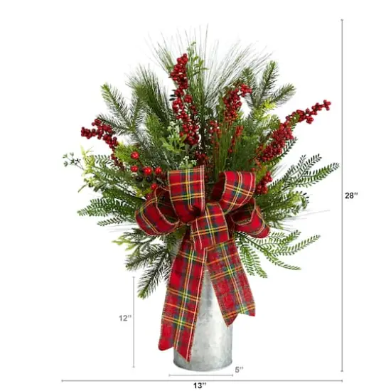 28" Holiday Winter Greenery, Berries & Plaid Bow Artificial Christmas Arrangement {4}