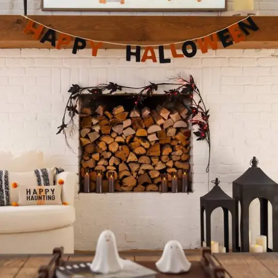 6.5ft. Pre-Lit Artificial Halloween Black Maple Garland with 48 Orange & Purple LED Lights {11}