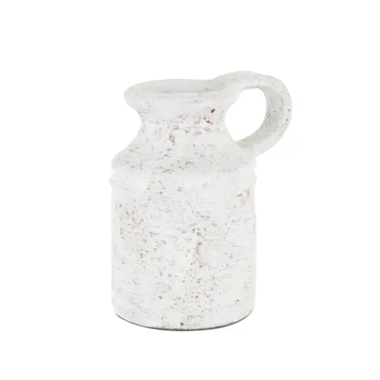10" White Ceramic Antique Style Textured Vase with Terracotta Accents and Ring Handle {5}