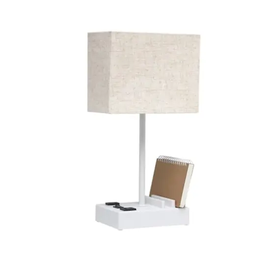 Simple Designs 15.3" Table Lamp with 2 USB Ports & Charging Outlet White Base/Beige Shade {9}