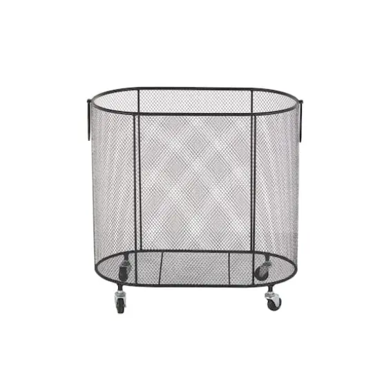 21" Metal Oval Mesh Wire Rolling Laundry Storage Cart with Ring Handles Black {4}