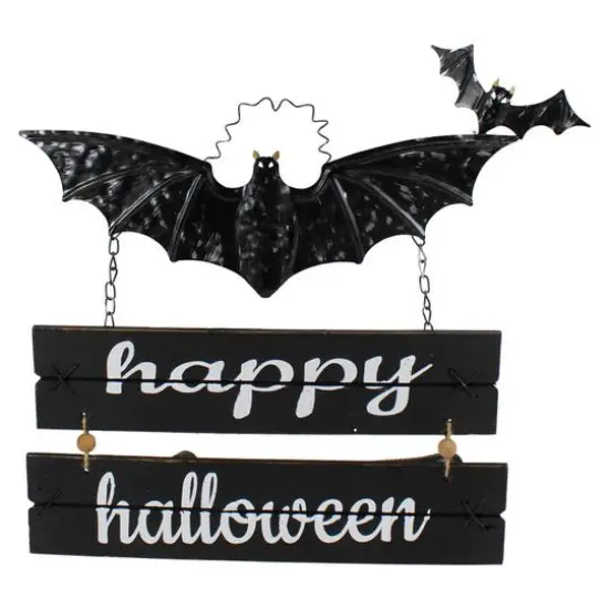 17" Black Bat & Happy Halloween Metal Hanging Sign {1}