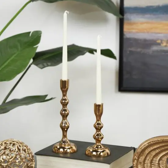 Contemporary Aluminum Taper Candle Holder Set Gold {9}