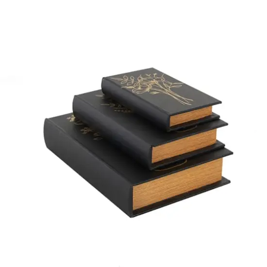 Black & Gold Faux Leather Floral Faux Book Storage Decorative Box Set {3}