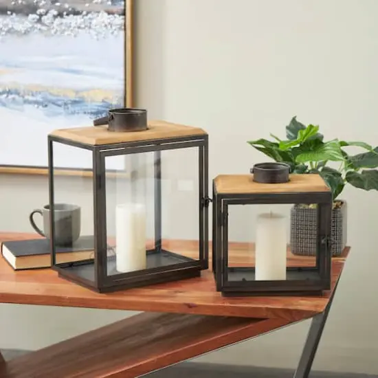 Dark Gray Brushed & Wood Top Rectangular Candle Lantern Set {3}