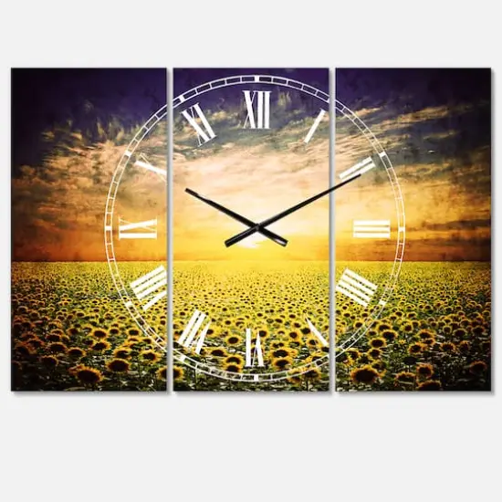 Designart Beauty Sunset Over Sunflowers Field Multipanel Wall Clock {1}