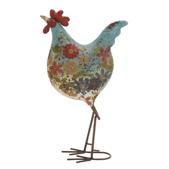 17" Iron Eclectic Rooster Garden Sculpture Blue {1}