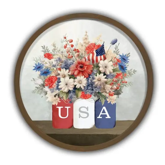 USA Mason Jar Florals Round Brown Framed Print {1}