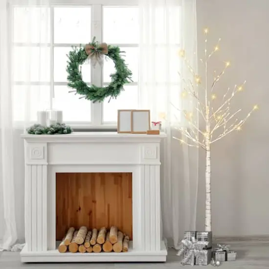 6ft. Pre-Lit White Artificial Twig Tree, Warm White LED Lights {4}