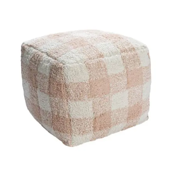 Hello Honey&reg; 18" Blush & Cream Plaid Cotton Tufted Pouf {1}