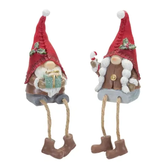 Festive Gnome with Candy Cane & Present Shelf Sitters Set, 8.25" & 8" {1}