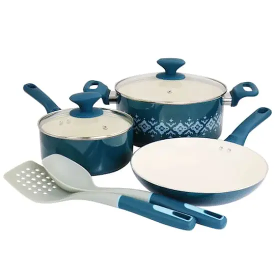 Spice by Tia Mowry Savory Saffron Teal7 Piece Ceramic Nonstick Aluminum Cookware Set with Nylon Utensils {1}