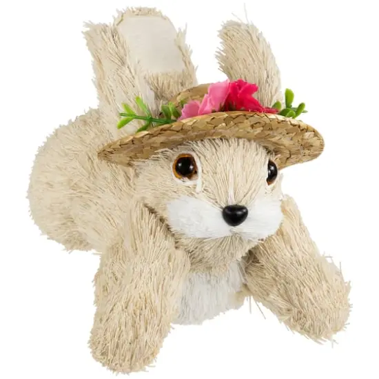 8.75" Beige Rabbit with Floral Straw Hat Easter Figurine {1}